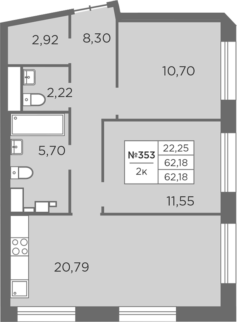 2-комнатная квартира 62.18 м², 7/8 эт., ЖК «Северная Корона»